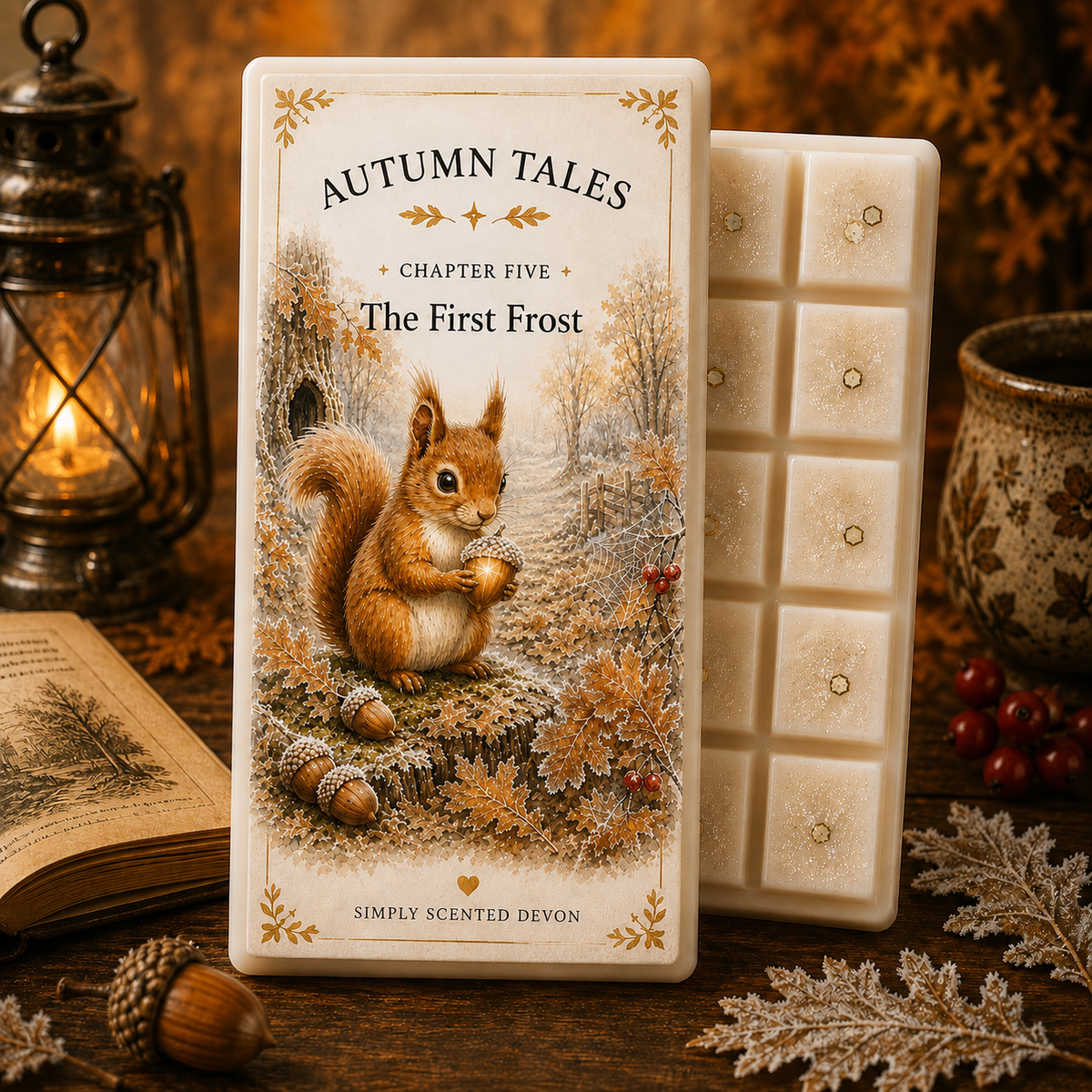 A boxed scented wax melt product labeled 'Autumn Tales Chapter Five The First Frost' stands on a wooden surface beside a white wax block. The box features an illustrated squirrel in an autumn forest, with a lantern, open book, acorns, and decorative leaves around it.