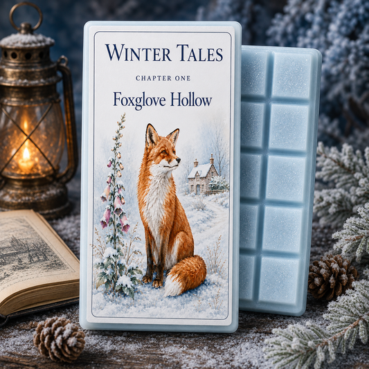 Foxglove Hollow Winter Tales wax melt snap bar with fox in a snowy woodland. A Wqax Melt Snap Bar 'Winter Tales Chapter One Foxglove Hollow' stands in front of a pale blue segmented block, styled on a snowy tabletop with a lantern, open book, pinecones, and evergreen branches.