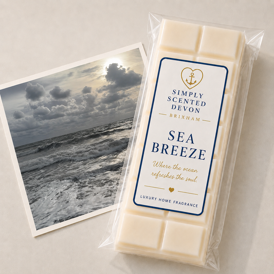 Sea Breeze cream wax melt snap bar paired with a photograph of waves on the Devon coast