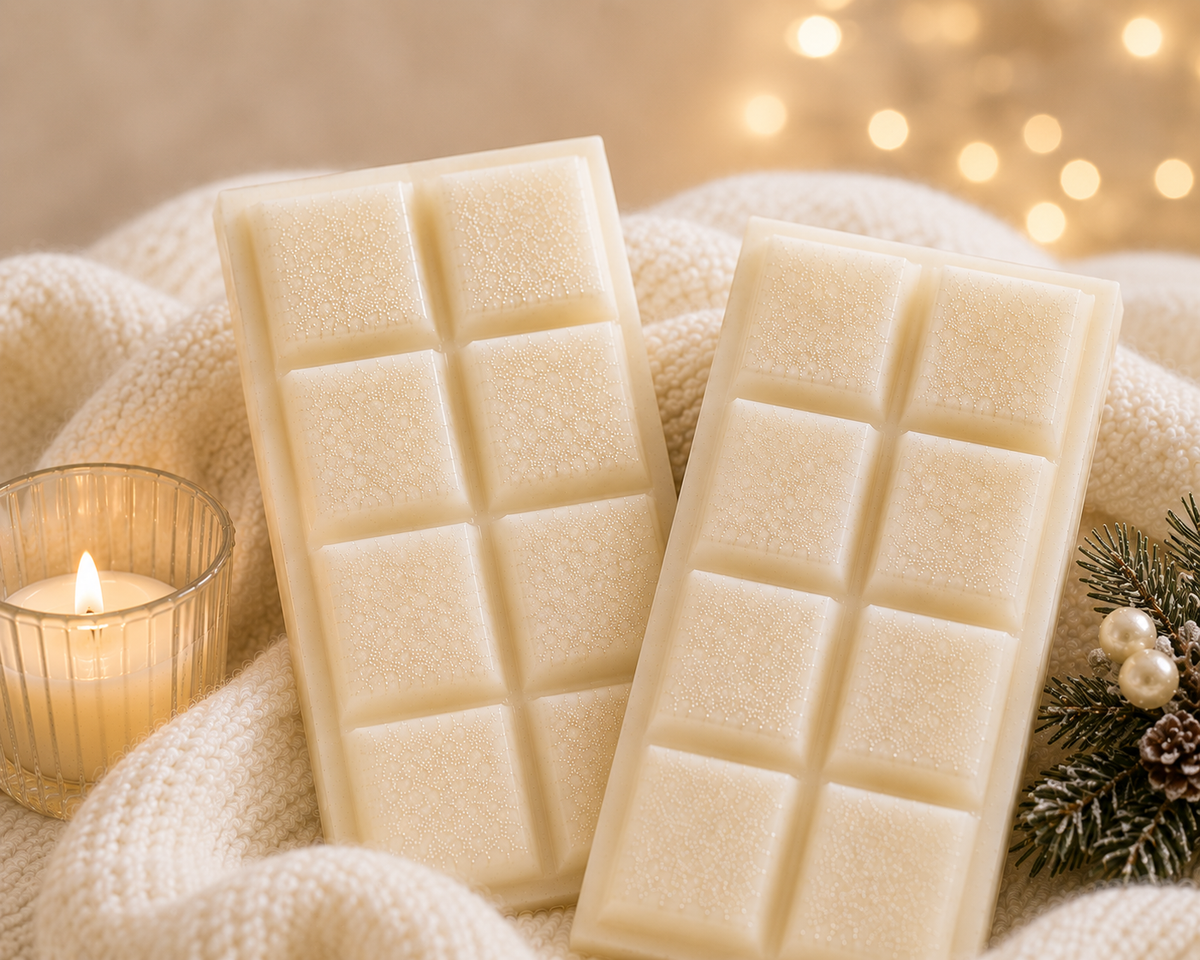 Two rectangular cream-colored wax melts with a chocolate bar design, displayed on a cozy cream knit blanket with a lit candle, warm string lights, and pine branches.