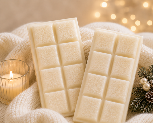 Two rectangular cream-colored wax melts with a chocolate bar design, displayed on a cozy cream knit blanket with a lit candle, warm string lights, and pine branches.