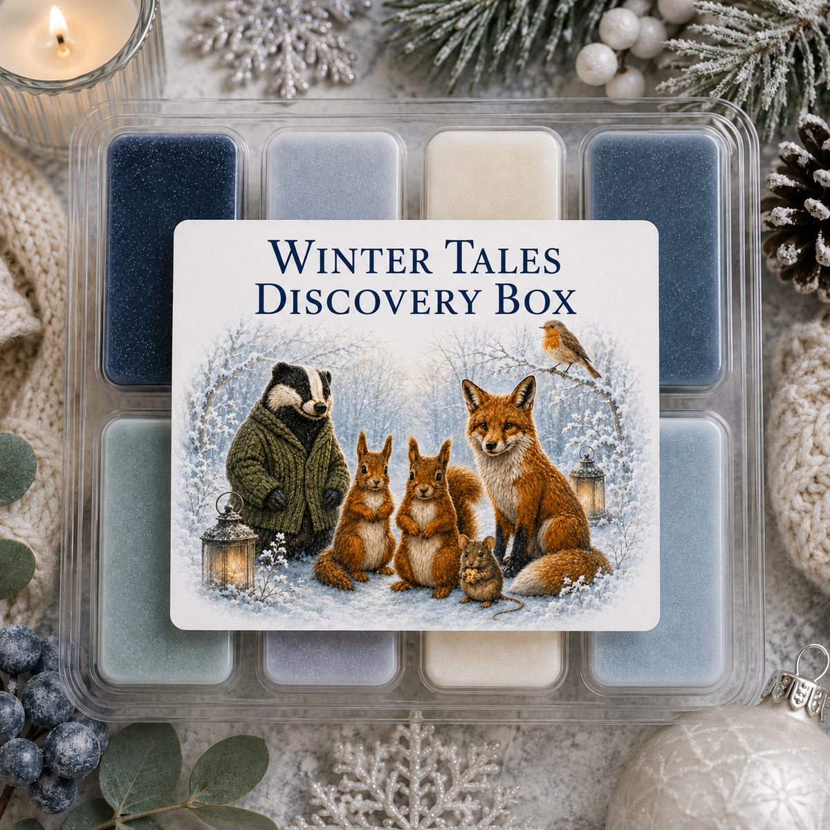 A clear plastic wax melt discovery box labeled 'Winter Tales Discovery Box,' showing multiple pastel and blue solid blocks arranged in a grid. The front has an illustrated winter scene with a badger, rabbits, fox, and bird.