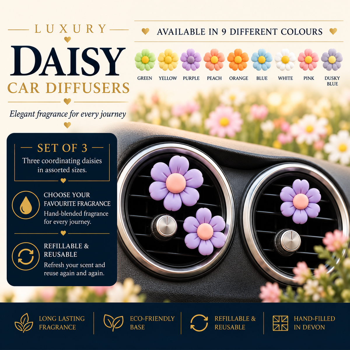 Set of 3 Small Pretty Flower Car Air Freshener - Car Diffuser