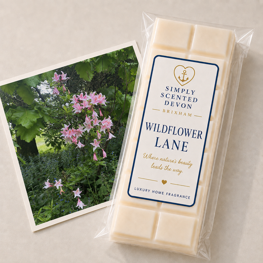A packaged bar of Simply Scented Devon Brixham 'Wildflower Lane' luxury home fragrance wax melts, shown next to a printed photo card of pink wildflowers on a light beige surface.