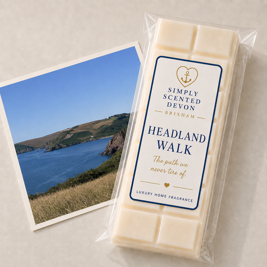 Headland Walk cream wax melt snap bar paired with a photograph of Brixham Coastline.