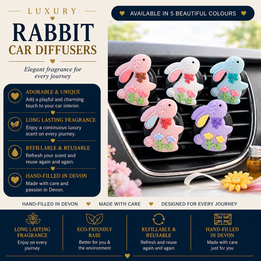 Cute rabbit car vent diffuser with reusable fragrance pad and optional 10ml refill oil. Choose your favourite fragrance, hand blended in Devon.