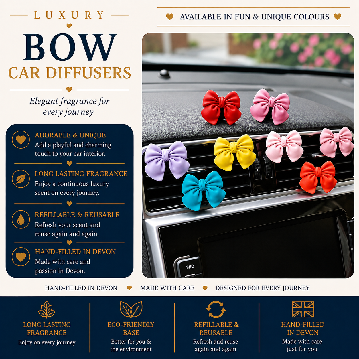 A promotional graphic for luxury bow car diffusers, showing several small fabric bow-shaped diffusers in red, pink, yellow, purple, blue, and orange attached to a car dashboard. The left side includes marketing text such as 'Luxury Bow Car Diffusers' and feature callouts about fragrance, longevity, refillability, and hand-filling in Devon.