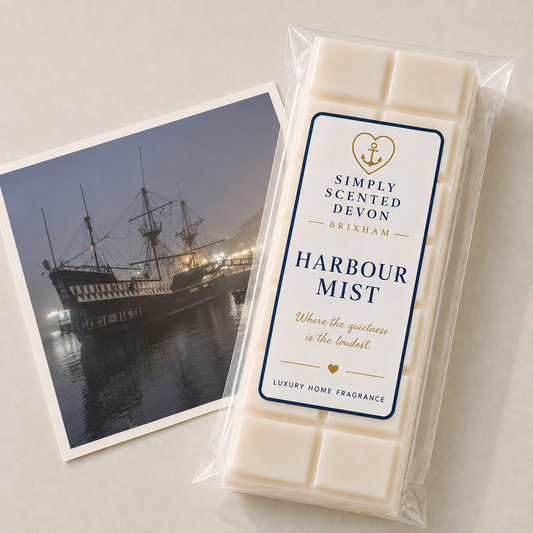 Harbour Mist cream wax melt snap bar paired with a misty Brixham Harbour photograph