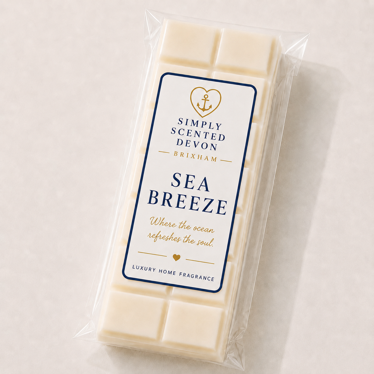 Sea Breeze cream wax melt snap bar with navy and gold Simply Scented Devon label