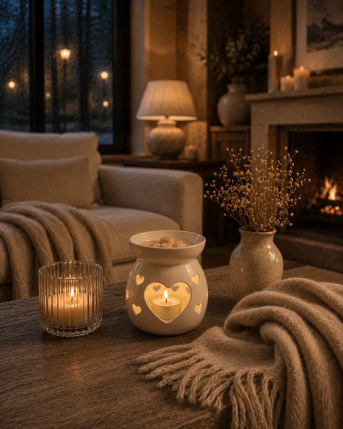 Cozy living room with candles, a lamp, and a blanket. Wax Melts 