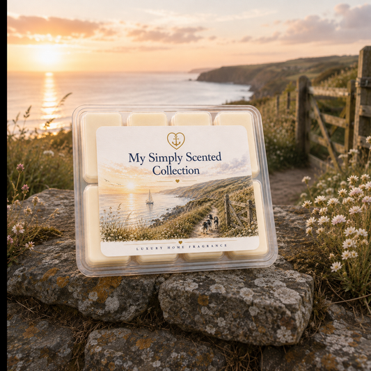 A clear plastic tub of wax melts labeled 'My Simply Scented Collection' sits on large rocks outdoors at sunset, with the ocean, cliffs, and wildflowers blurred in the background.