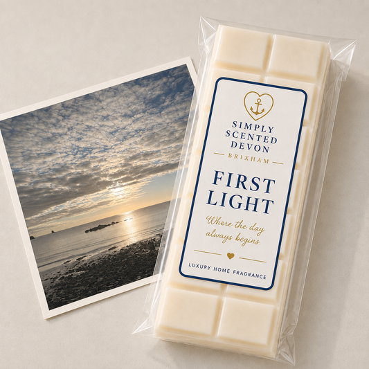 First Light cream wax melt snap bar paired with a Devon sunrise photograph
