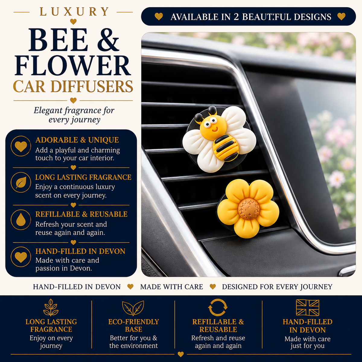 Luxury bee and flower car diffusers shown attached to a car air vent, with promotional text highlighting their elegant fragrance and refillable design.