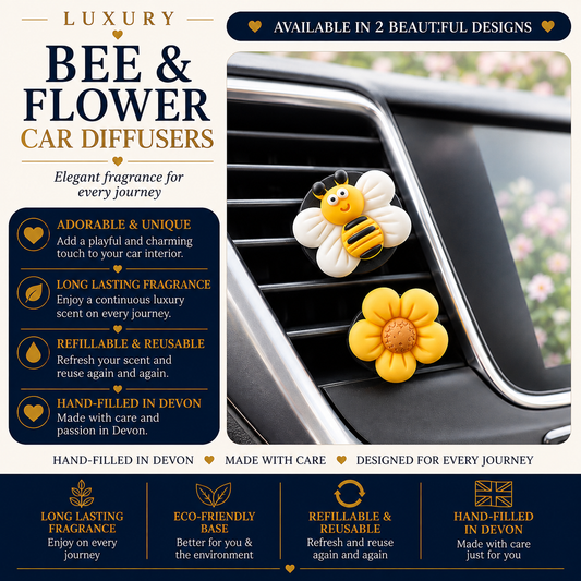 Luxury bee and flower car diffusers shown attached to a car air vent, with promotional text highlighting their elegant fragrance and refillable design.