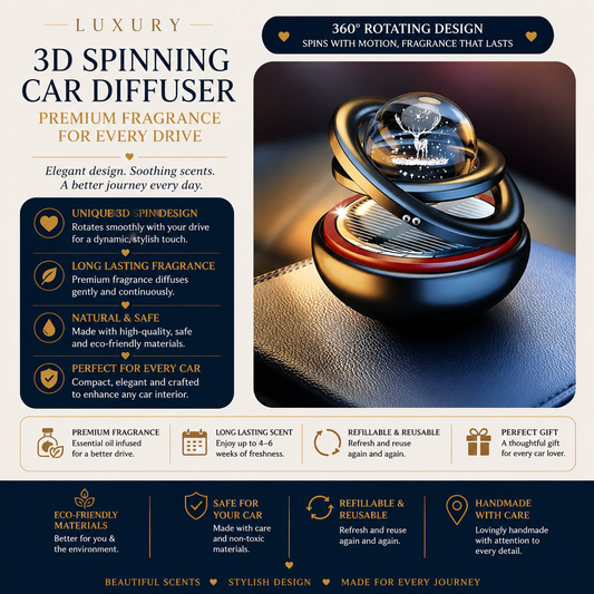 A luxury 3D spinning car diffuser with a metallic gold and black spherical diffuser head, shown with promotional text and feature callouts on a dark background.