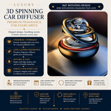 A luxury 3D spinning car diffuser with a metallic gold and black spherical diffuser head, shown with promotional text and feature callouts on a dark background.