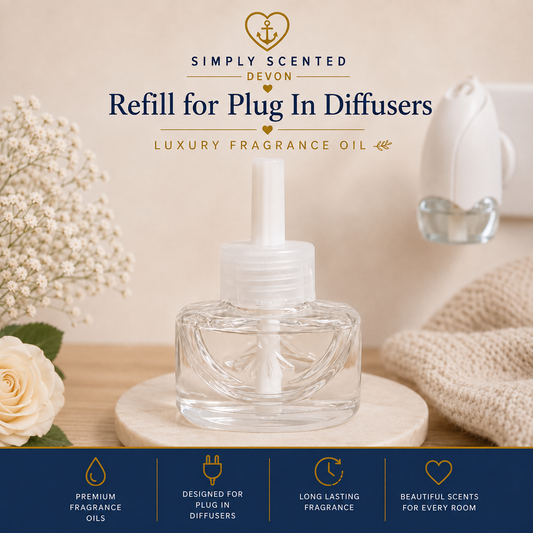 Simply Scented Devon refill for plug-in diffusers luxury fragrance oil in a clear glass bottle with a white pump, displayed on a wooden surface with decorative flowers, a knitted blanket, and a diffuser in the background.