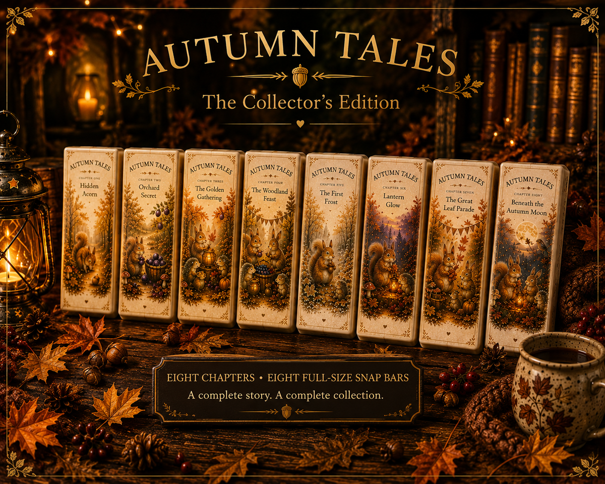 Eight illustrated book-style covers for 'Autumn Tales: The Collector's Edition' are arranged on a rustic wooden surface with autumn leaves, lanterns, books, and a mug in the background. Text at the top reads 'AUTUMN TALES The Collector's Edition,' and a plaque at the bottom says 'EIGHT CHAPTERS • EIGHT FULL-SIZE SNAP BARS A complete story.