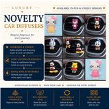 Promotional graphic for novelty car diffusers featuring cartoon characters including Hello Kitty, Mickey Mouse, Minnie Mouse, Donald Duck, Daisy Duck, Buzz Lightyear, and Winnie the Pooh. The image shows multiple diffuser options with character figures placed inside dark oval diffuser housings, alongside marketing text and feature callouts.