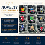 Promotional graphic for novelty car diffusers, showing multiple cartoon character diffusers including Marvel superheroes and Batman, installed on car air vents. The left side features marketing text with 'Luxury Novelty Car Diffusers' and product benefits, while the right side displays a grid of the diffusers.