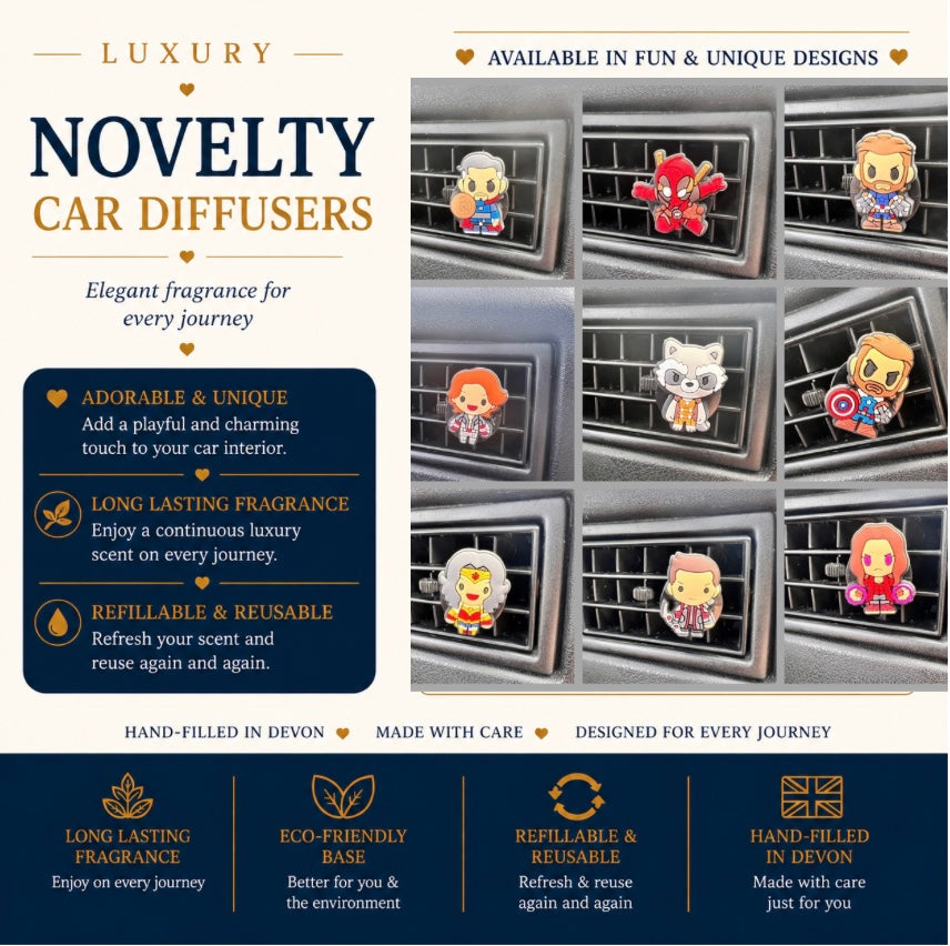 Promotional graphic for novelty car diffusers featuring cartoon character designs mounted on dashboard vents. The layout includes marketing text, product photos of the diffusers with character stickers, and feature callouts such as 'Luxury Novelty Car Diffusers' and 'Available in Fun & Unique Designs'.