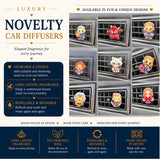 Promotional graphic for novelty car diffusers featuring cartoon character designs mounted on dashboard vents. The layout includes marketing text, product photos of the diffusers with character stickers, and feature callouts such as 'Luxury Novelty Car Diffusers' and 'Available in Fun & Unique Designs'.