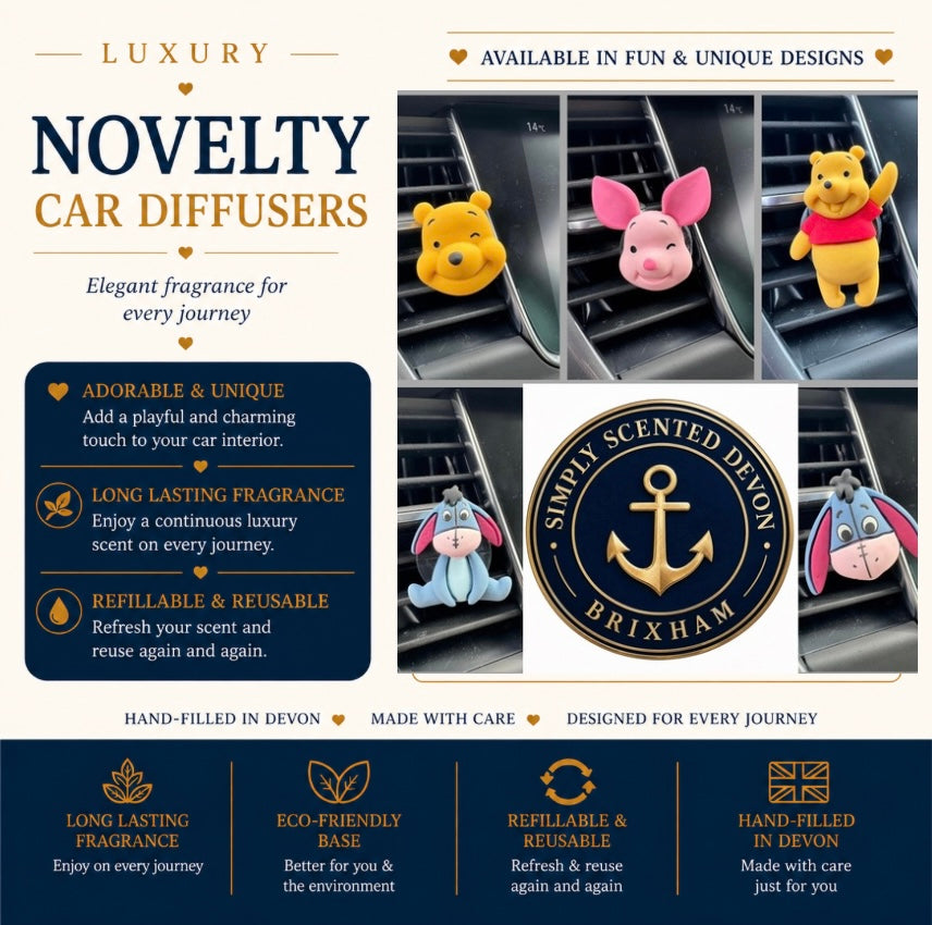 Promotional graphic for novelty car diffusers featuring plush character diffusers including Winnie the Pooh, Piglet, Tigger, and Eeyore mounted on a car air vent. The design includes branding for 'Simply Scented Devon Brixham' and highlights product features such as long-lasting fragrance, refillable reusability, and hand-filling in Devon.